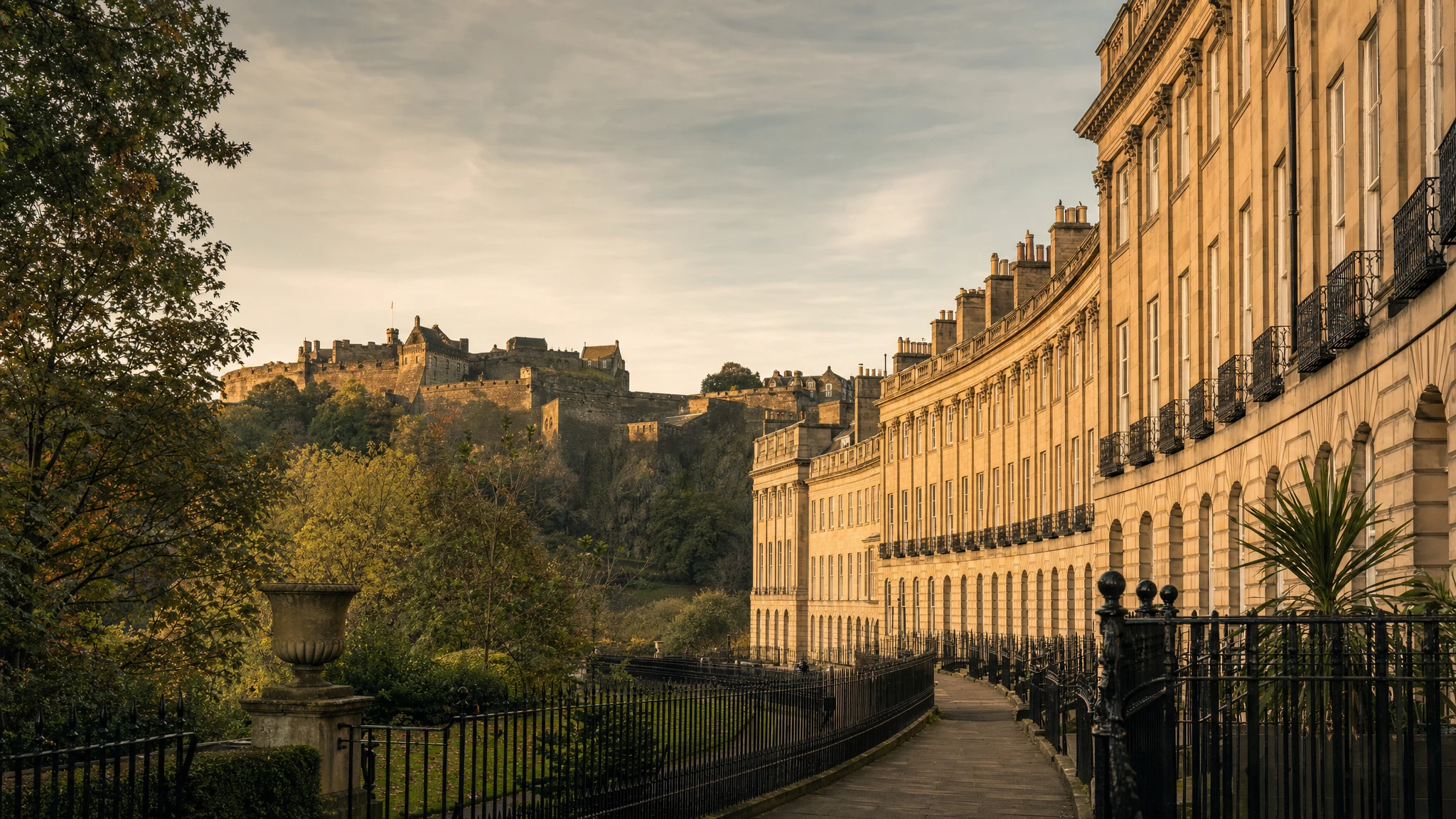 Removals from London to Edinburgh: Edinburgh New Town Georgian crescent with Edinburgh Castle beyond, honey stone, golden light